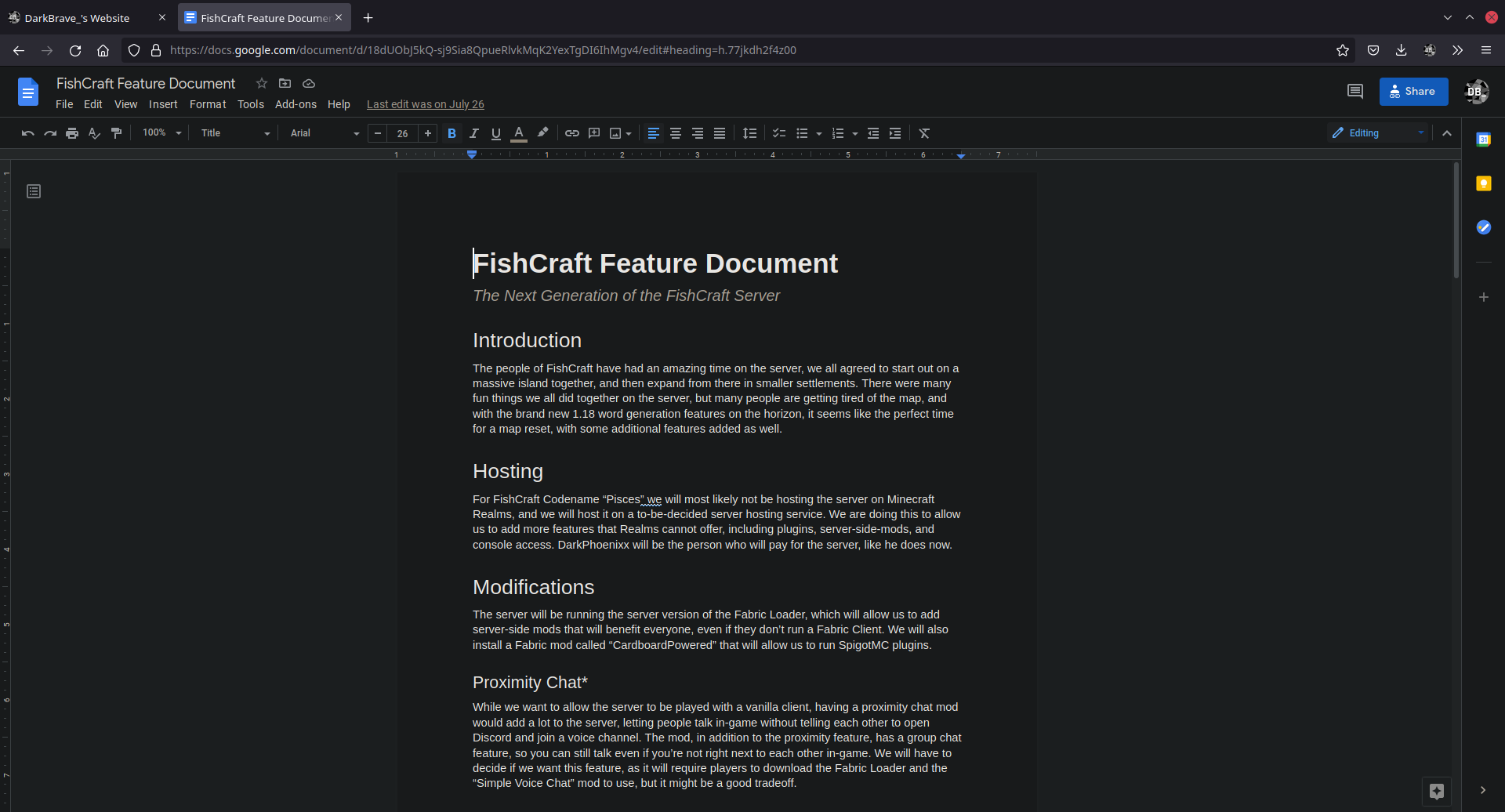 The FishCraft 2 Google Document.